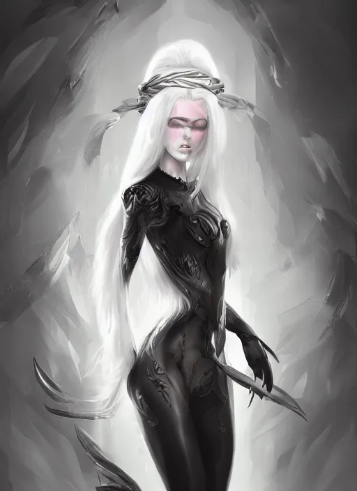 Image similar to a highly detailed illustration of white haired pale lady wearing black blindfold, dramatic standing pose, intricate, elegant, highly detailed, centered, digital painting, artstation, concept art, smooth, sharp focus, league of legends concept art, wlop