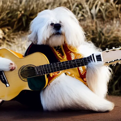 Prompt: a cream-colored Havanese dog dressed as a mariachi musician, playing the guitar, Leica 35mm, 4K