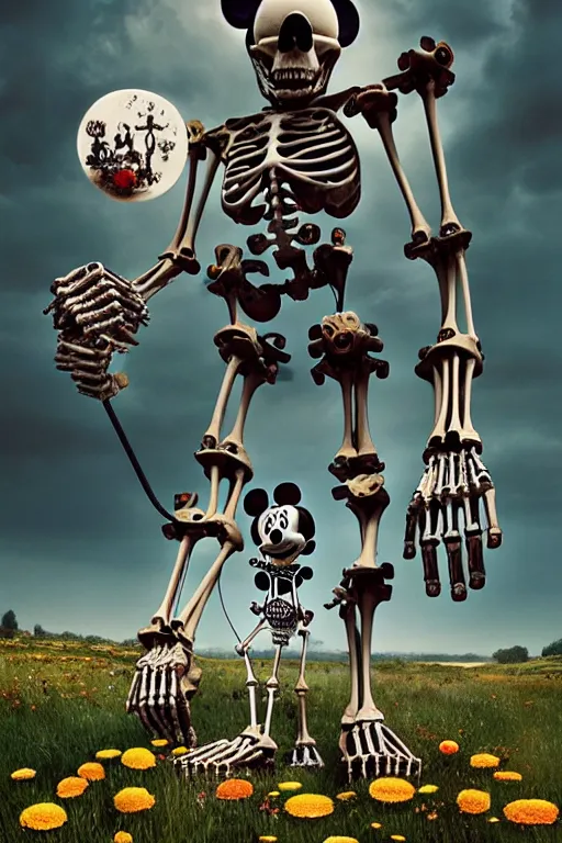 Image similar to a skeletal, mickey mouse made out of flowers and bones, taking a giant robot for a walk in the countryside by beeple, nychos and arcimboldo, highly detailed octane render
