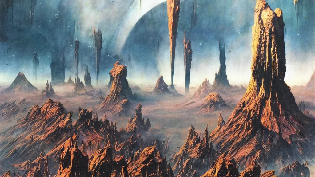 Image similar to surreal eerie alien planet empire by frank frazetta and bruce pennington, cinematic matte painting