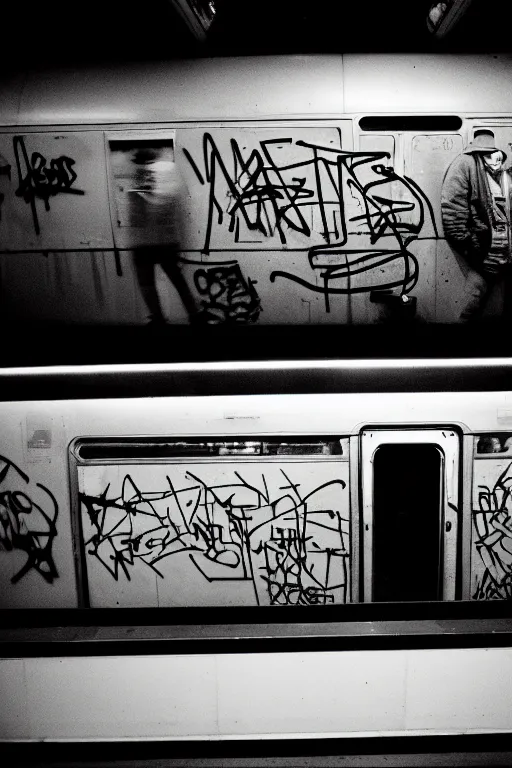 Image similar to subway cabin inside all in graffiti, man in stussy jacket closeup writing graffiti, night, film photography, exposed b & w photography, christopher morris photography