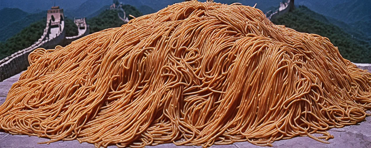 Image similar to pile of spaghetti at the great wall of china, fine detail, canon 5 0 mm, in the style of galen rowell, kodachrome,