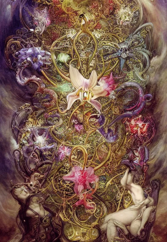 Prompt: simplicity, elegant, colorful muscular eldritch orchids, lilies, flowers radiating from fractal, mandalas, by h. r. giger and esao andrews and maria sibylla merian eugene delacroix, gustave dore, thomas moran, pop art, cyberpunk, art nouveau