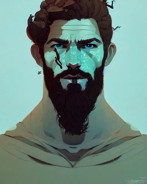 Image similar to hyper - realistic portrait of god of the forest, rugged, male, detailed face, r by atey ghailan, by greg rutkowski, by greg tocchini, by james gilleard, by joe fenton, by kaethe butcher, dynamic lighting, gradient light blue, brown, blonde cream and white color scheme, grunge aesthetic