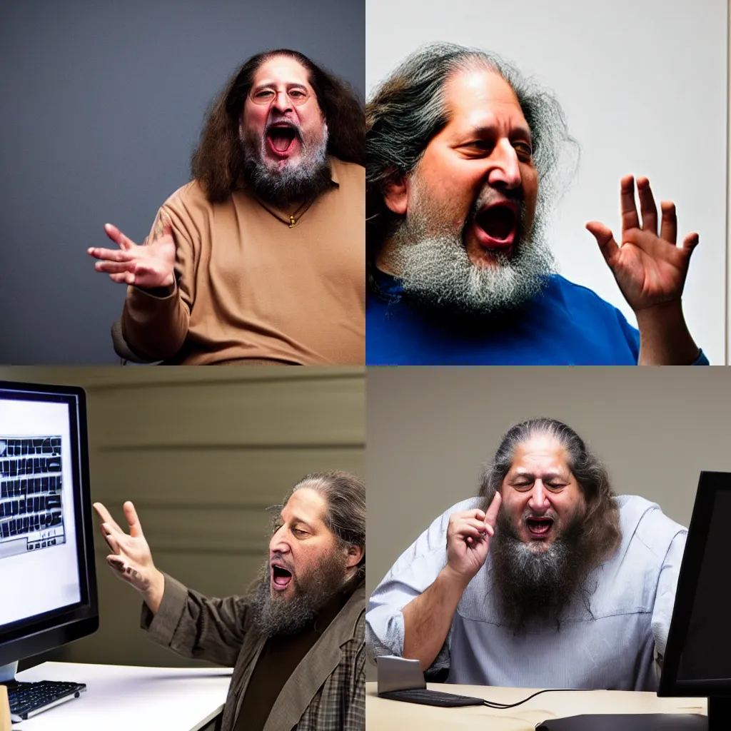 Prompt: Photo of Richard Stallman yelling at his computer screen