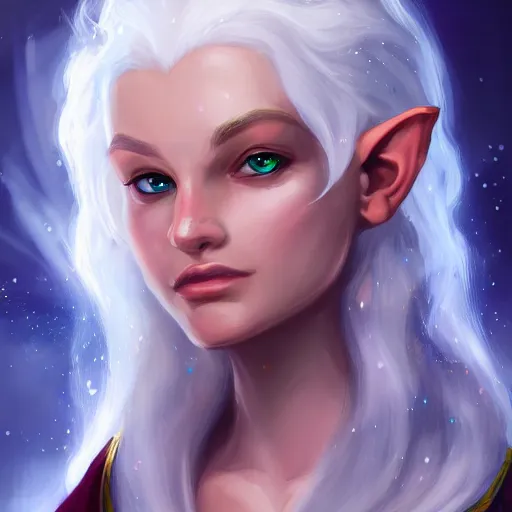 Image similar to Beautiful white haired aged fair skinned scholar elf with spell scroll and lightning background, realism, digital painting, detailed artwork, portrait, mythical, artstation