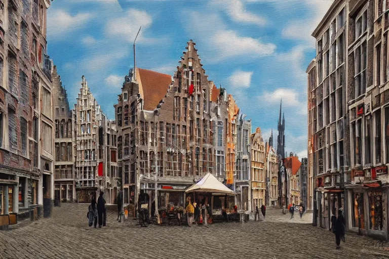 Prompt: street view of gent belgium, hyperrealism painting, wide angle, very detailed, high resolution