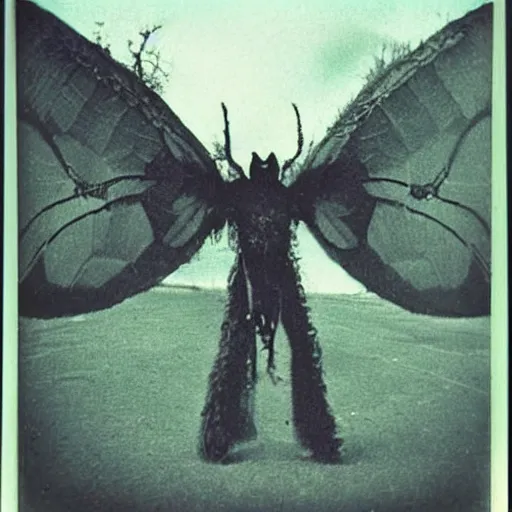 Prompt: real photograph of Mothman, taken on Polaroid