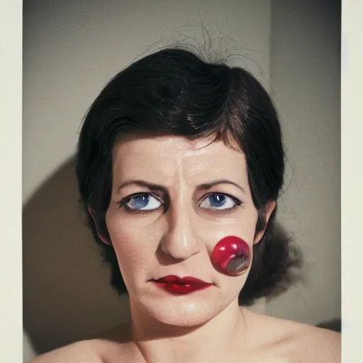 Image similar to glamorous woman with an inflatable spherical prosthetic nose, circular cardboard cartoon eyes, 1 9 7 2, color, chantal akerman, medium - shot 1 6 mm film, interior