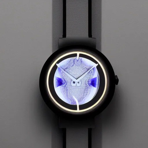 Image similar to an unusually shaped alien watch with a glowing face designed by zaha hadid
