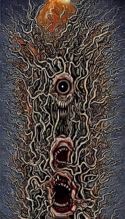 Image similar to a storm vortex made of many demonic eyes and teeth, by jason de graaf