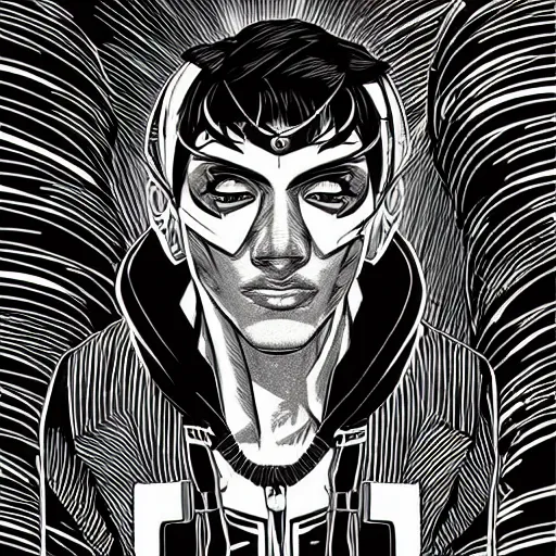Image similar to “in the style of josan Gonzalez and jinx88 a young and suave cyberpunk teenager wearing a futuristic helmet, eyes still visible, highly detailed, black and white y2k”