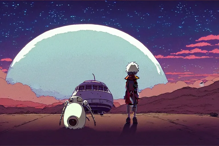 Prompt: a still from a studio ghibli film of a alien mothership beaming up a boy from princess mononoke ( 2 0 0 4 ) at night on a desert road, full body, wide shot, very muted colors, post grunge, studio ghibli, laurie greasley, highly detailed, deviantart, art by artgem