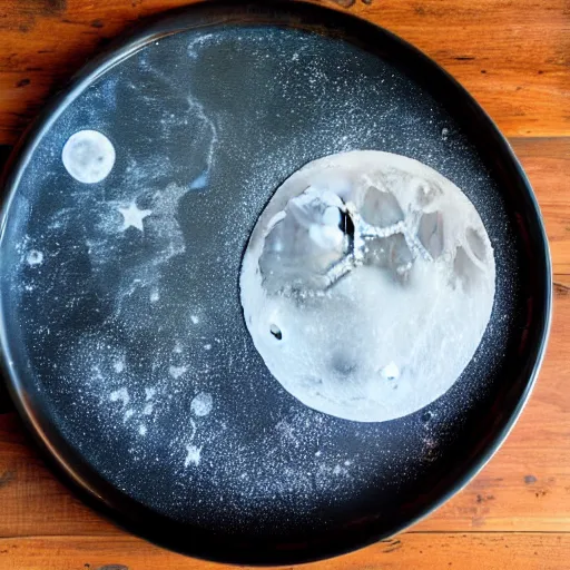 Prompt: freshly baked moon on a tray in the oven