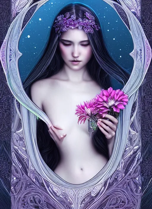 Prompt: seductive ethereal white north pole girl portrait art nouveau fantasy intricate flower designs elegant highly detailed sharp focus art by artgerm pours the water into the river soul care nature peace galaxies female black fine line fractal glow