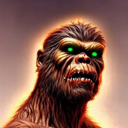 Image similar to by Derek Riggs, angry, glossy, hyperrealistic digital portrait of A zombie bigfoot, D&D, fantasy, intricate, cinematic lighting, highly detailed, digital painting, artstation, concept art, smooth, sharp focus, 8k, illustration, art by Artgerm and Greg Rutkowski