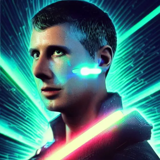 Image similar to cool futuristic ai profile picture lasers robots blade runner technology hologram