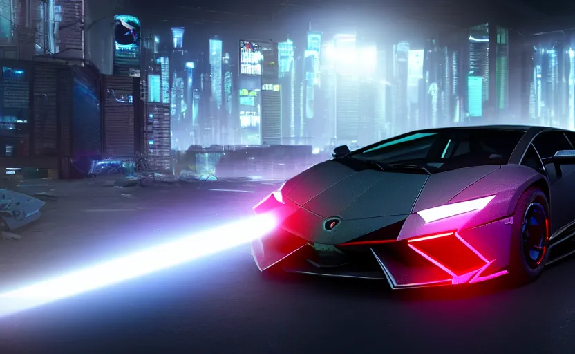 Image similar to photorealistic cyberpunk lamborghini. daylight. sunlight. lens flare. light fixtures. 8K. detailed. photorealism. artstation. 25mm f/1.7 ASPH Lens. ultra realistic