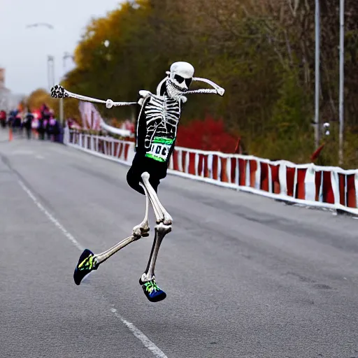 Image similar to A skeleton crossing the finish to win a marathon, award winning photograph,