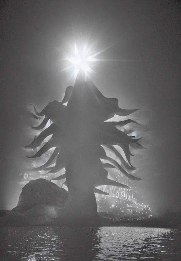 Prompt: North korean kaiju starfish/bull style monster, kaiju-eiga, thriller, monochrome, film grain, flare, backlit