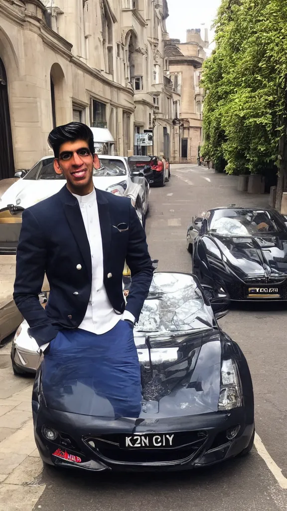 Image similar to rishi sunak completely blinged out, next to a sports car in mayfair