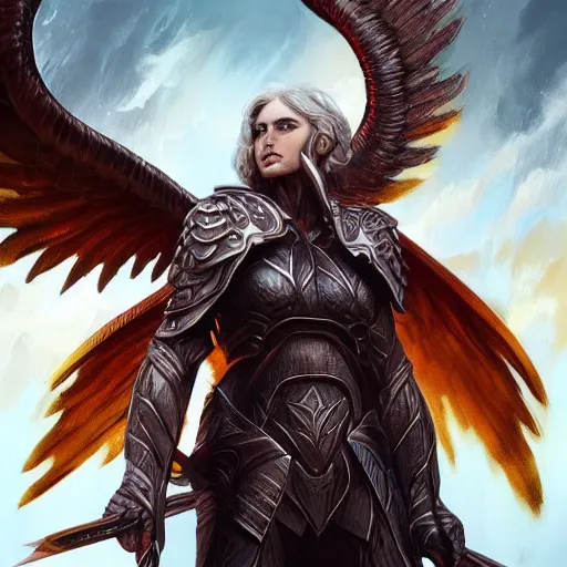 Image similar to archangel of wrath, full-body portrait, D&D, fantasy, portrait, highly detailed, digital painting, artstation, concept art, sharp focus, illustration, art by artgerm and greg rutkowski and magali villeneuve, red white and gold color scheme