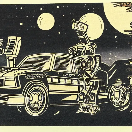 Prompt: a japanese woodprint of a robot pushing a 1992 Hondo civic into a petrol station. It's night and the moon is shining