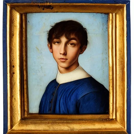 Image similar to a handsome Spanish teenage boy with dark hair and blue eyes, sharp jawline with a light beard, done in the style of a renaissance royal portrait