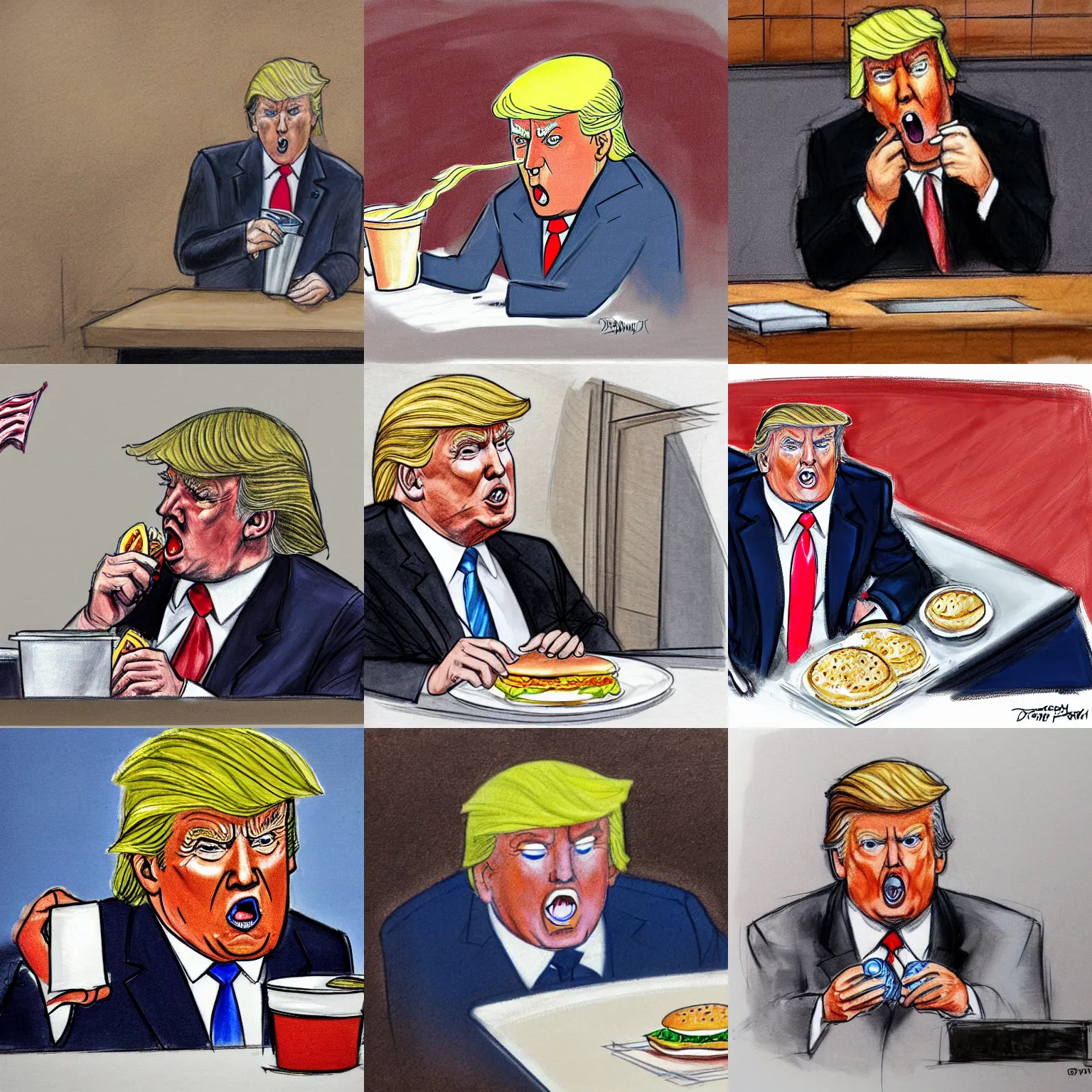 Prompt: Courtroom sketch of Donald Trump eating a Big Mac and making a mess