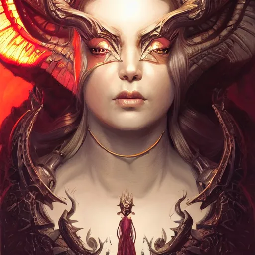 Image similar to portrait of a girl evil angel, the big horns, d & d, fantasy, intricate, elegant, highly detailed, digital painting, artstation, concept art, smooth, sharp focus, illustration, art by artgerm and greg rutkowski and peter mohrbacher & greg rutkowski & alexandros pyromallis & nekro & rene maritte