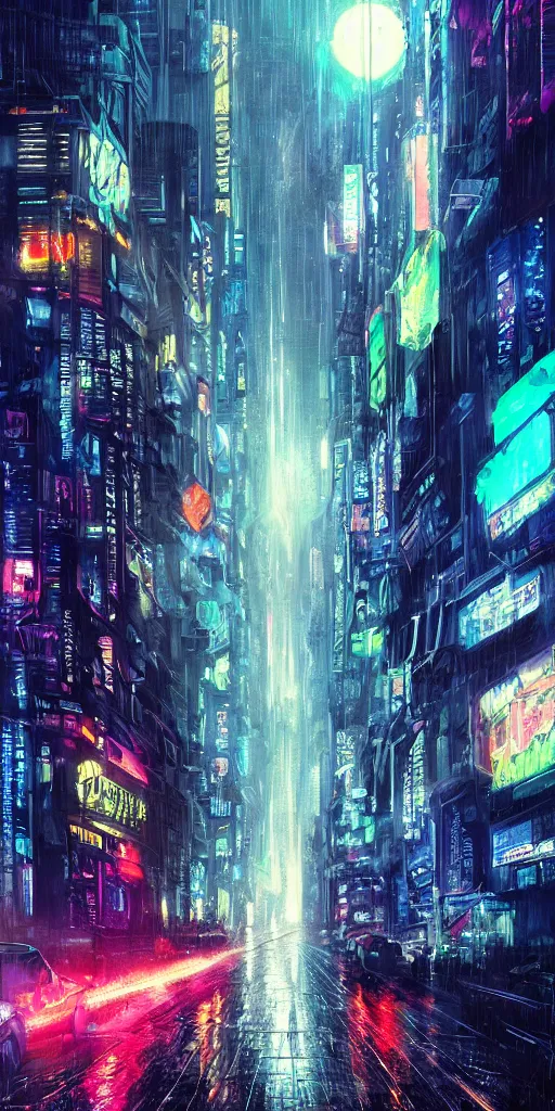 Image similar to hyper realistic cyberpunk cityscape,neon,rain,blade runner, looming surreal sky, stars,moon, 8k,cinematic lighting, detailed oil painting, by tristan eaton,Stanley Artgermm,Tom Bagshaw,Greg Rutkowski,Carne Griffiths,trending on DeviantArt,chillwave,minimalist,cybernetic, android, blade runner,full of colour