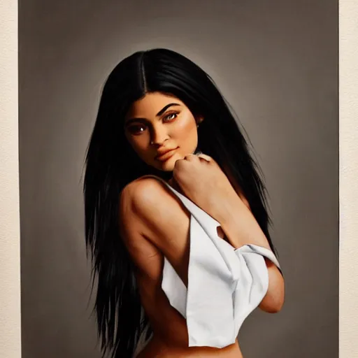 Image similar to a detailed photo of full body kylie jenner standing in a white professional studio by anders zorn, tan skin highly detailed full body