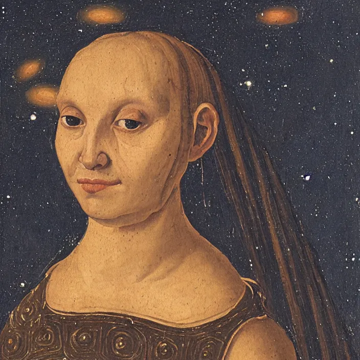 Prompt: a closeup portrait of an eel - headed woman, head of an eel, in a nebula, early netherlandish painting