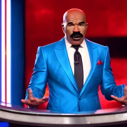 Image similar to film still of Steve Harvey as Iron Man, hosting Family Feud