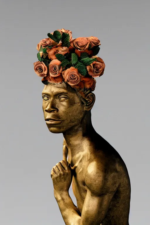 Prompt: a full-body bronze statue of Jean-Michel Basquiat sitting and thinking, wearing a rococo crown of peach roses, 3d octane render