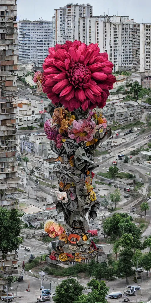 Image similar to giant grotesque flower in the middle of abandoned post soviet constructivist cityscape, ultradetailed by Josan Gonzalez and Giuseppe Arcimboldo