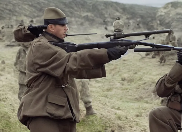 Prompt: a film still of kim kardashian as a soldier firing a rifle over a trench, open neckline. backround : warzone