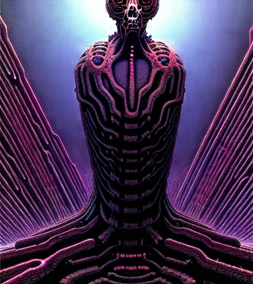 Image similar to a scifi illustration, a godlike ai awakens to the horror of its creators by thomas ligotti and wayne barlowe