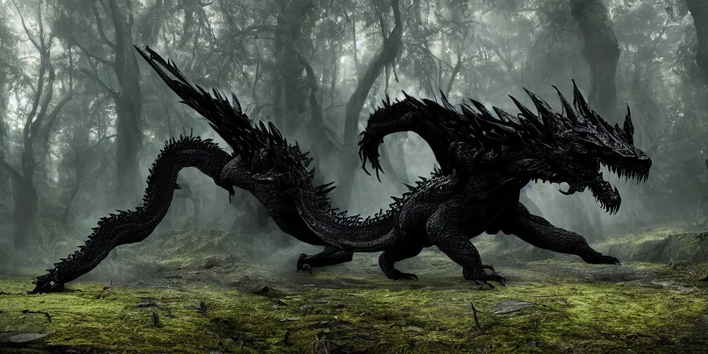 Prompt: a giant black dragon in a scary forest in the style of lord of the rings, 8 k, moody lighting, shallow depth of field, raytracing,