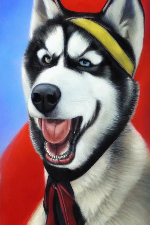 Image similar to a portrait painting of a husky in cowboy costume, anime, furry, humanoid, personify, anthropomorphic