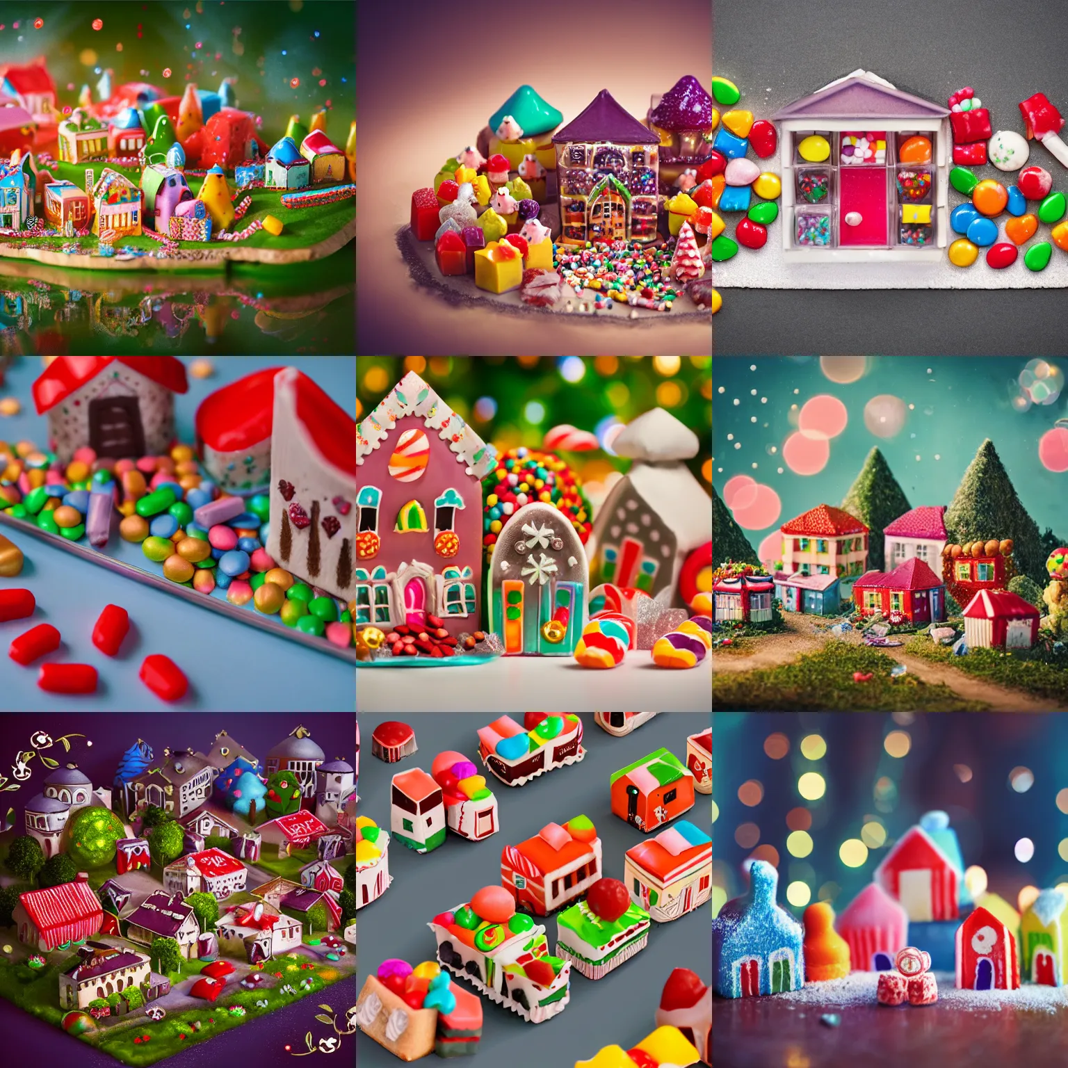 Prompt: professional studio photo of tiny village made sweets and candys and turkish delight, artstation, ultra High resolution, bokeh effect, light, wide-angle, studio photo