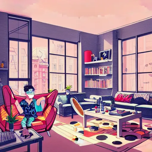 Image similar to cool trendy apartment interior, extremely detailed, sharp focus, wide view, full body shot, smooth, digital illustration, by james jean, by rossdraws, frank franzzeta, mcbess, sakimichan