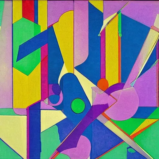 Prompt: by cassius marcellus coolidge, by frantisek kupka felt pieces, electric indigo. installation art. a colorful abstract composition. it is made up of geometric shapes & lines in various colors. the shapes appear to be floating in space & the colors are very bright & vibrant.