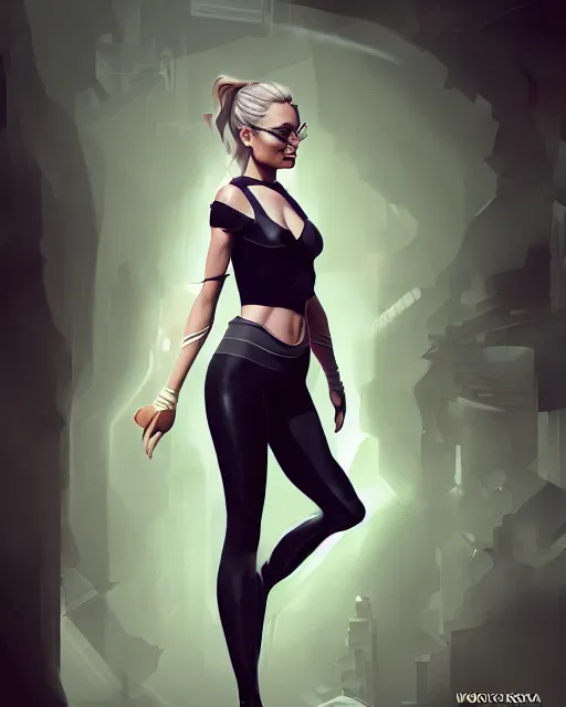 Image similar to full body shot of margot robbie by wlop, rossdraws, Alberto Vargas, mingchen shen, arney freytag, artstation, fantasy photoshoot, urban jungle, fashion pose, octane, 4k