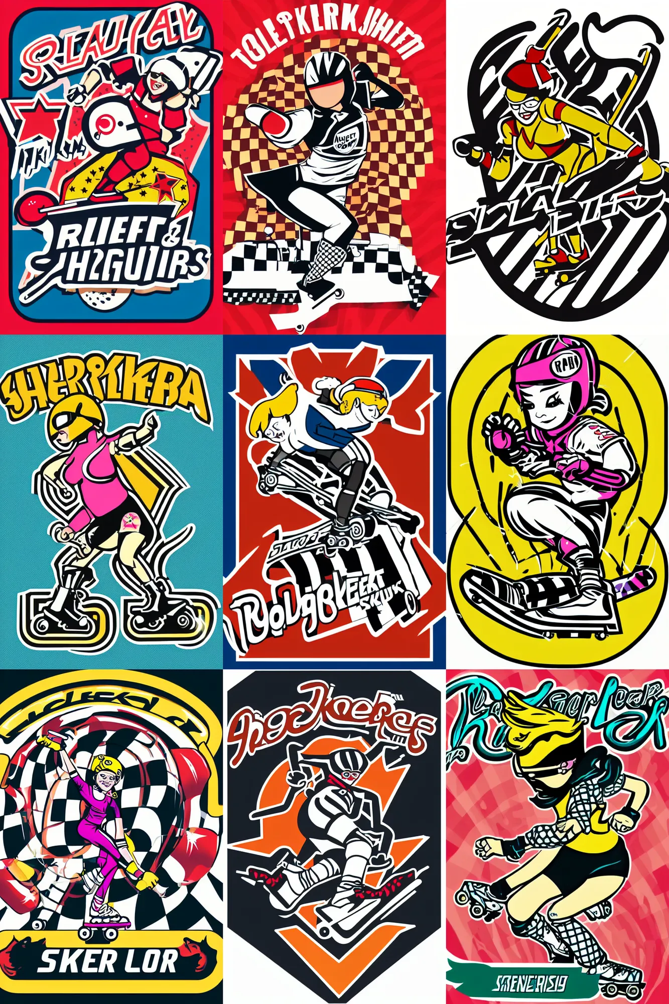 Prompt: vector logo of roller derby girl, skating fast, checker, stripes illustration by Frank Hampson and mcbess