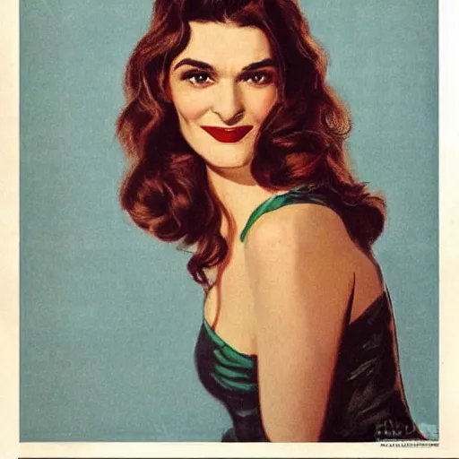 Image similar to “Rachel Weisz portrait, color vintage magazine illustration 1950”