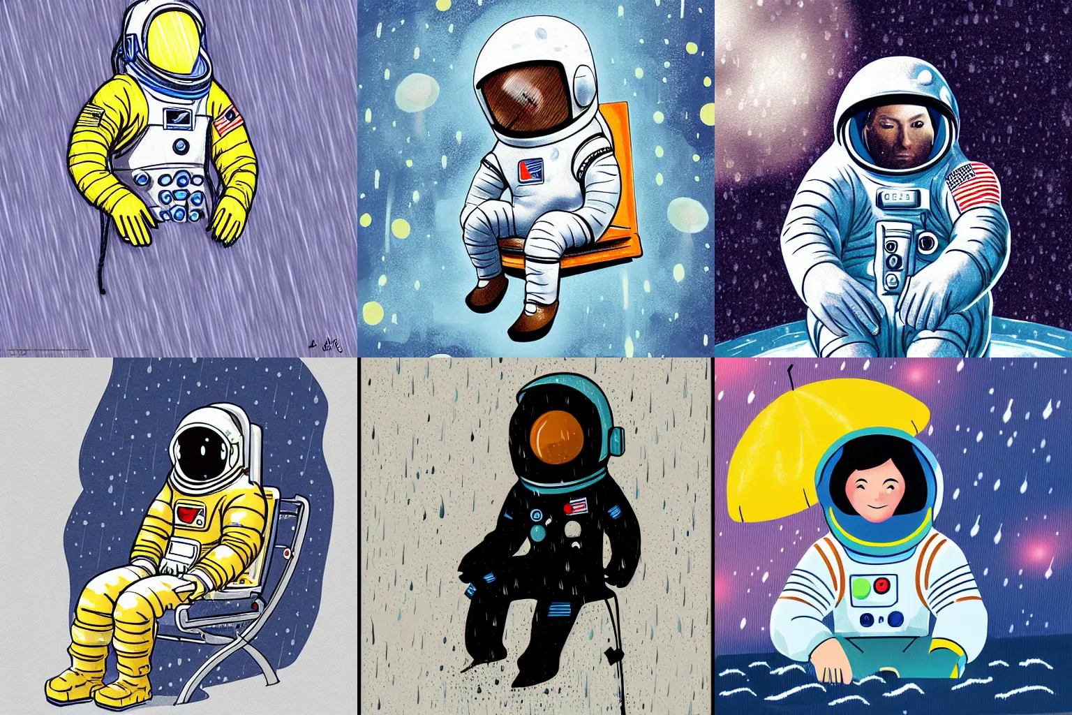 Prompt: an astronaut sitting in the rain in the style of flooko, digital art,