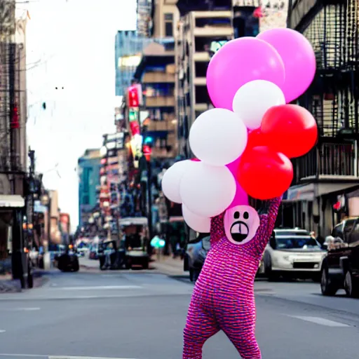 Prompt: disturbing fat clown holding a balloon in the middle of the street at night