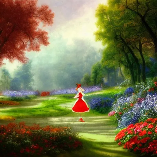 Prompt: a landscape full of flowers and colors in the style of alice in wonderland, by albert bierstadt, trending on artstation, hdr