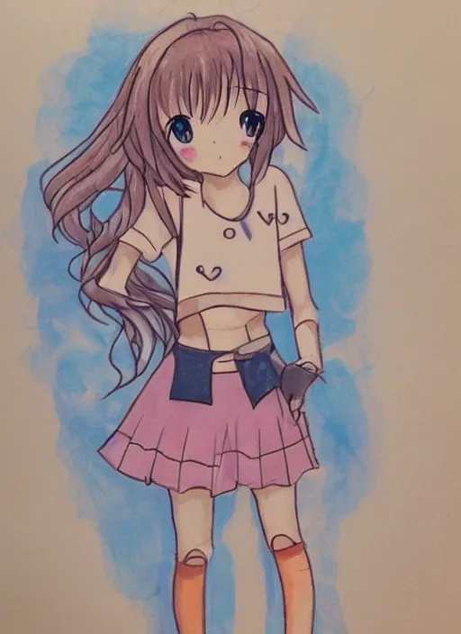 Image similar to very poorly drawn anime girl, cute outfit, posing, crayon art, very silly looking, very anime